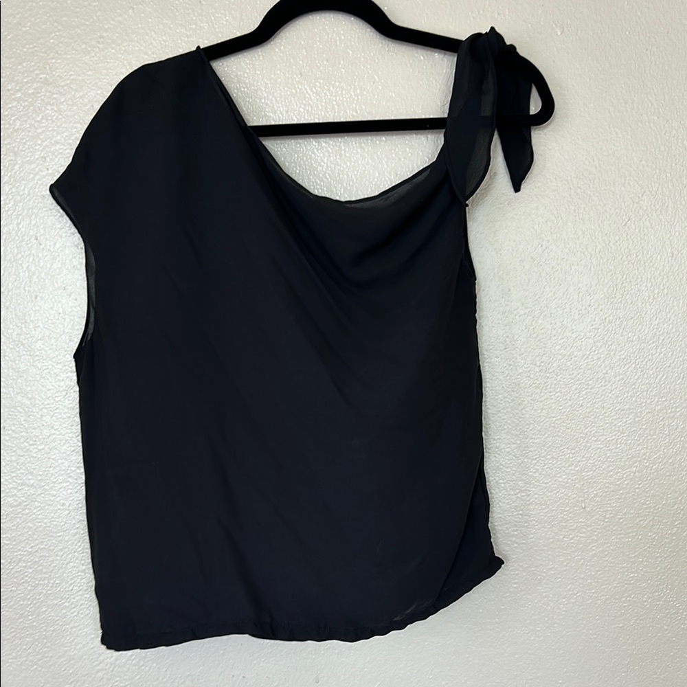 Black Asymmetrical Sleeveless Blouse with Tie Front